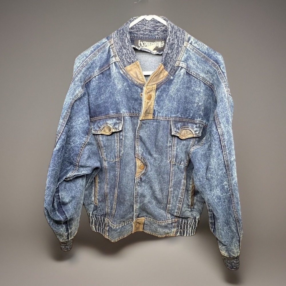 Expressions Vintage Denim Jacket Leather Trim Copper Buttons Blue Acid Wash M